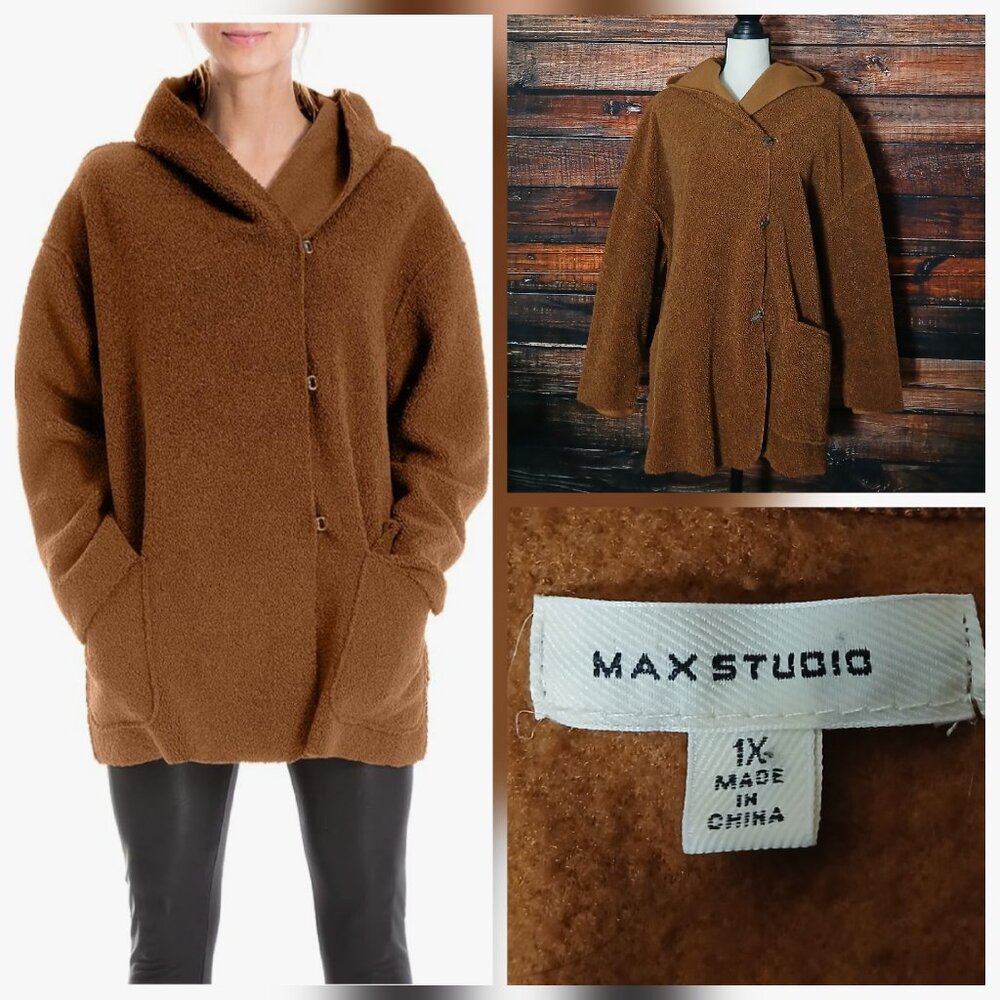 Max Studio Teddy Coat 1X Faux Fur Hooded Jacket Cozy Cognac